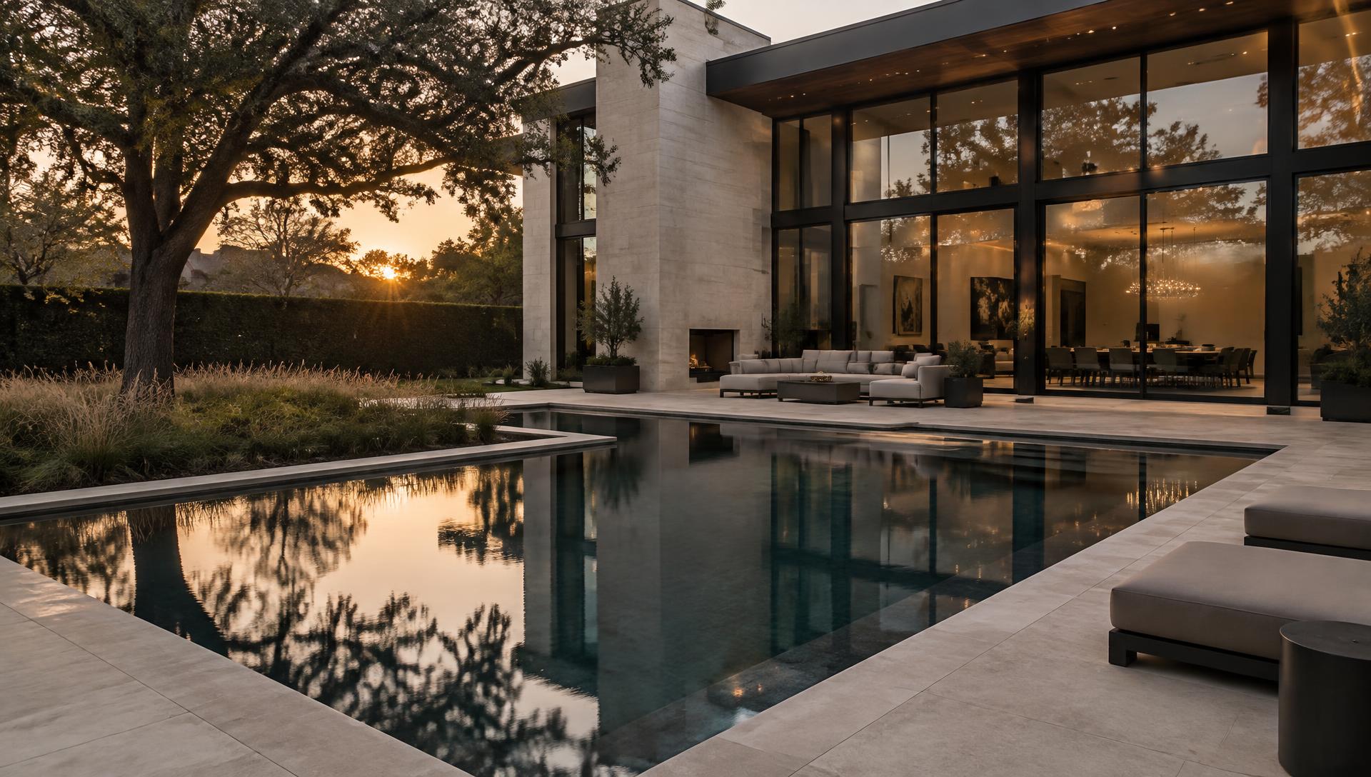 Custom swimming pool at golden hour behind a modern Houston home
