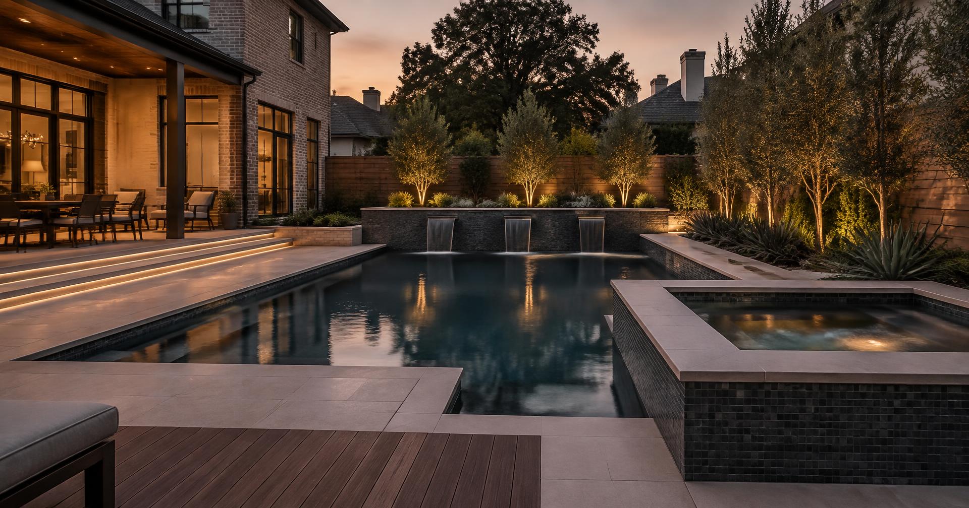 Remodeled backyard pool with a raised spa at dusk